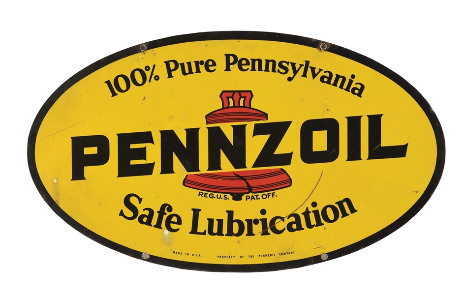 PENNZOIL SAFE LUBRICATION TIN SERVICE STATION SIGN W/ BELL GRAPHIC. 