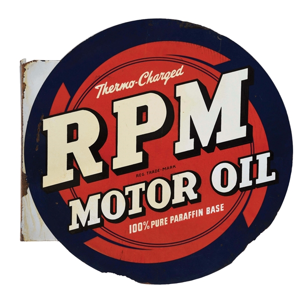 RPM MOTOR OILS PORCELAIN SERVICE STATION FLANGE SIGN.