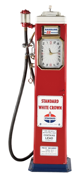 RHEEM MODEL #34 CLOCK FACE GAS PUMP RESTORED IN STANDARD GASOLINE. 