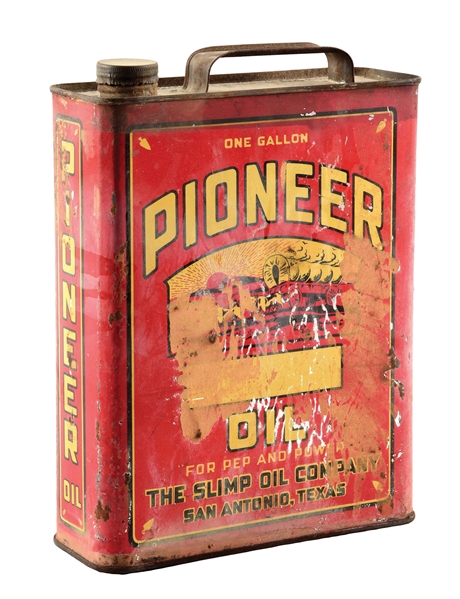 PIONEER MOTOR OIL ONE GALLON CAN W/ WAGON GRAPHIC. 