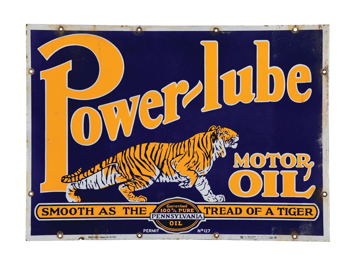 POWER-LUBE MOTOR OIL PORCELAIN SERVICE STATION SIGN W/ TIGER GRAPHIC.