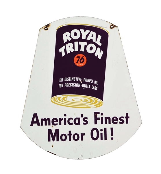 ROYAL TRITON MOTOR OILS PORCELAIN SIGN W/ QUART CAN GRAPHIC. 