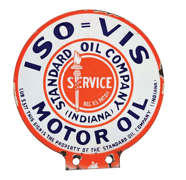 STANDARD OIL COMPANY OF INDIANA ISO VIS MOTOR OILS PORCELAIN LUBESTER PLATE SIGN. 