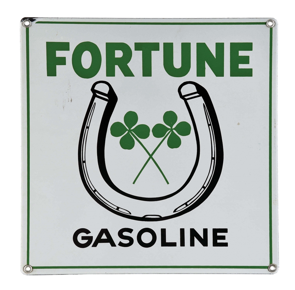 FORTUNE GASOLINE PORCELAIN PUMP PLATE W/ HORSESHOE & FOUR LEAF CLOVER GRAPHIC. 