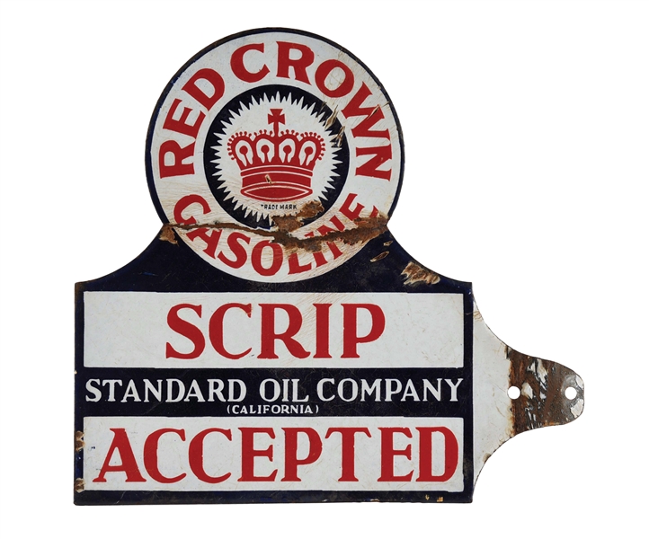 RED CROWN GASOLINE SCRIP ACCEPTED PORCELAIN VISIBLE PUMP PADDLE SIGN. 