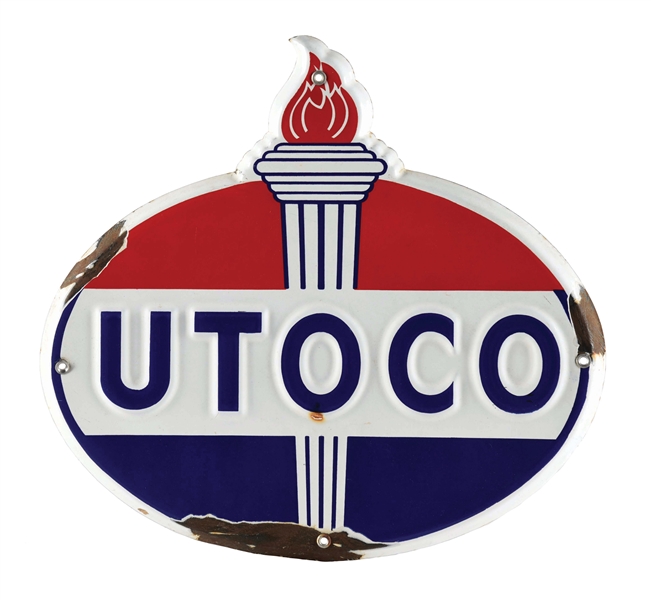 UTOCO GASOLINE EMBOSSED PORCELAIN PUMP PLATE SIGN W/ FLAME GRAPHIC. 