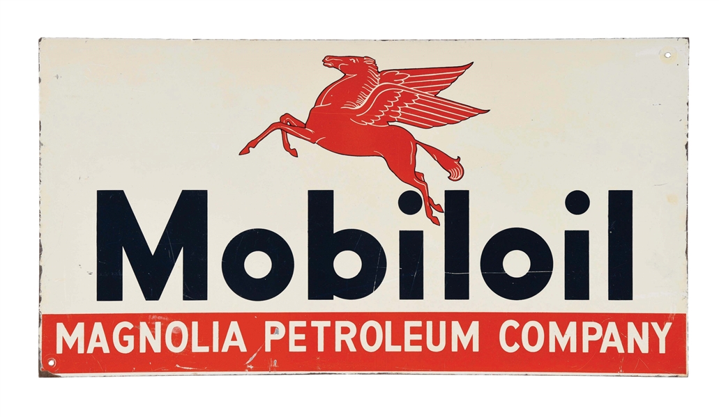 MAGNOLIA PETROLEUM COMPANY TIN OIL RACK SIGN W/ MOBILOIL & PEGASUS GRAPHIC. 