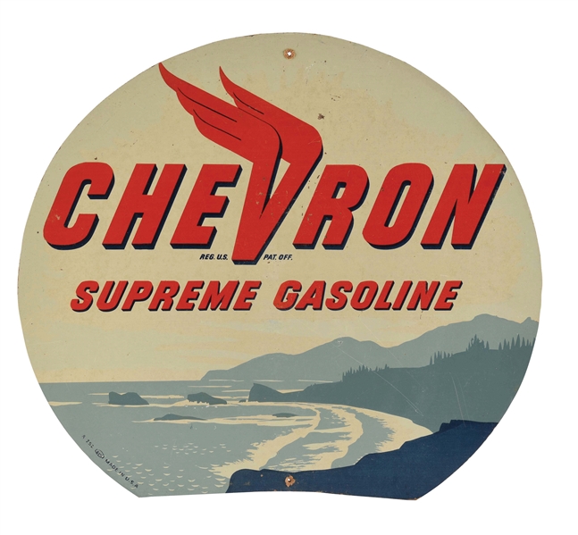 CHEVRON SUPREME GASOLINE MASONITE SERVICE STATION SIGN W/ LAKE & MOUNTAIN GRAPHIC. 