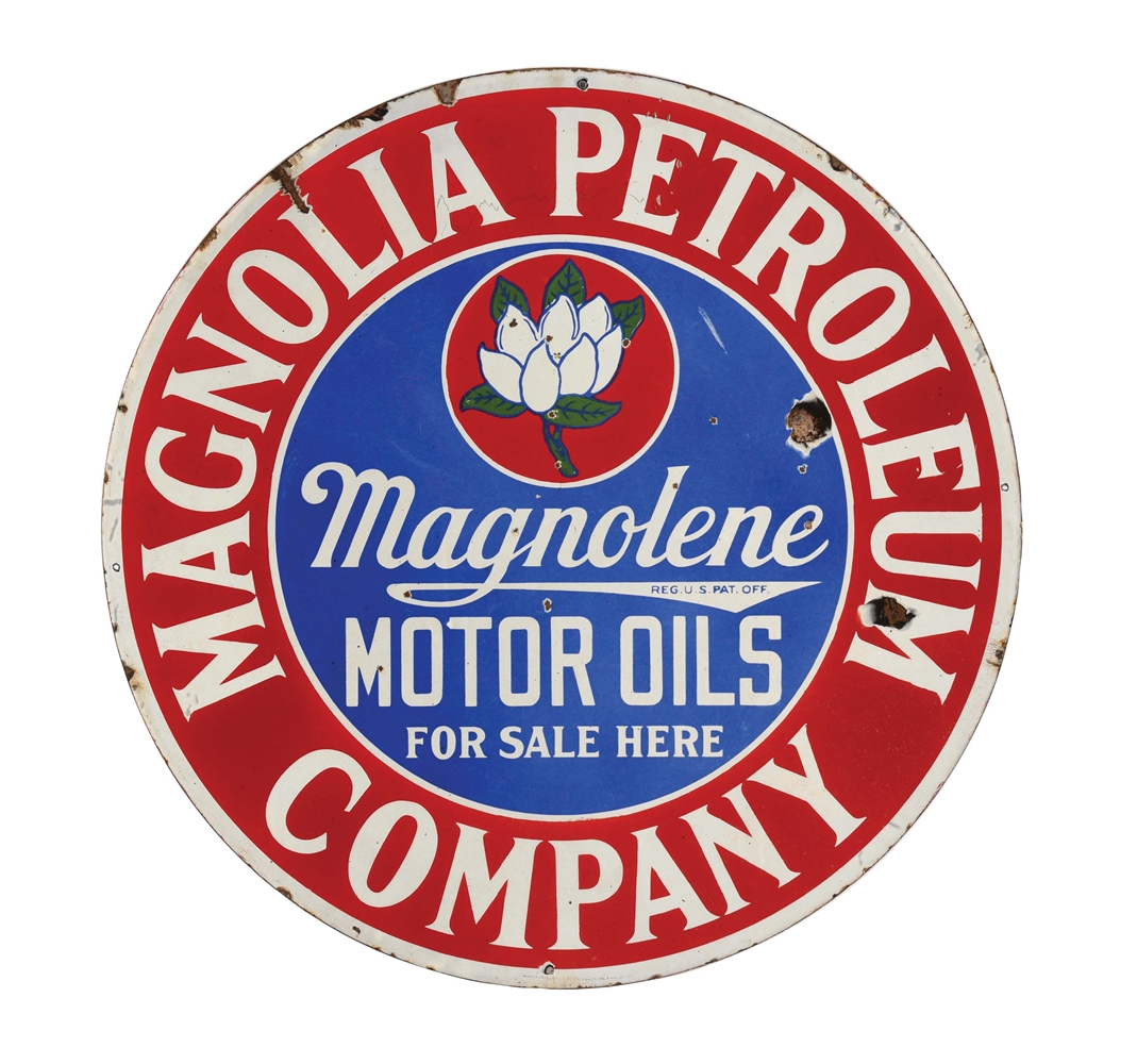 MAGNOLIA MAGNOLENE MOTOR OILS FOR SALE HERE PORCELAIN SERVICE STATION SIGN. 