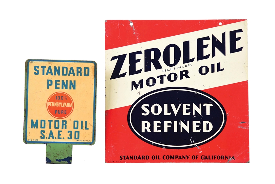 LOT OF 2: ZEROLENE & STANDARD PENN MOTOR OIL TIN SERVICE STATION SIGNS.
