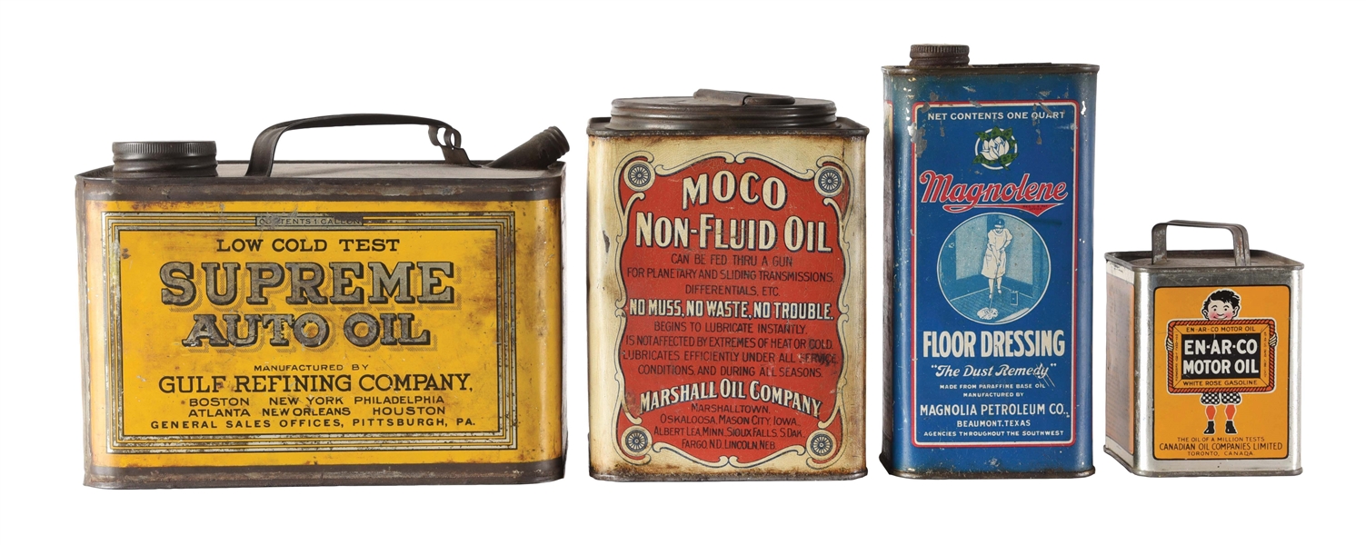 LOT OF 4: MOTOR OIL CANS FROM GULF, MARSHALL, MAGNOLIA & ENARCO. 