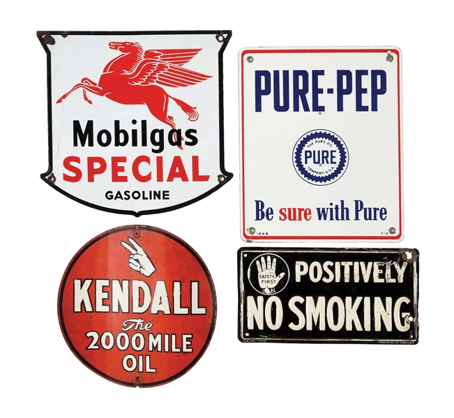 LOT OF 4: TIN & PORCELAIN SIGNAGE FROM MOBIL, STANDARD, KENDALL & PURE. 