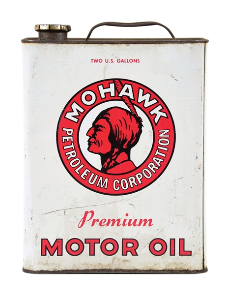 MOHAWK PREMIUM MOTOR OIL TWO GALLON OIL CAN W/ NATIVE AMERICAN GRAPHIC. 