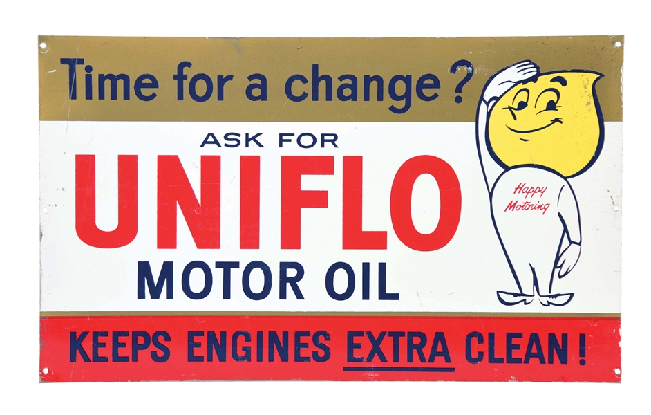 ASK FOR UNIFLO MOTOR OIL TIN RACK SIGN W/ OIL DROP BOY GRAPHIC. 