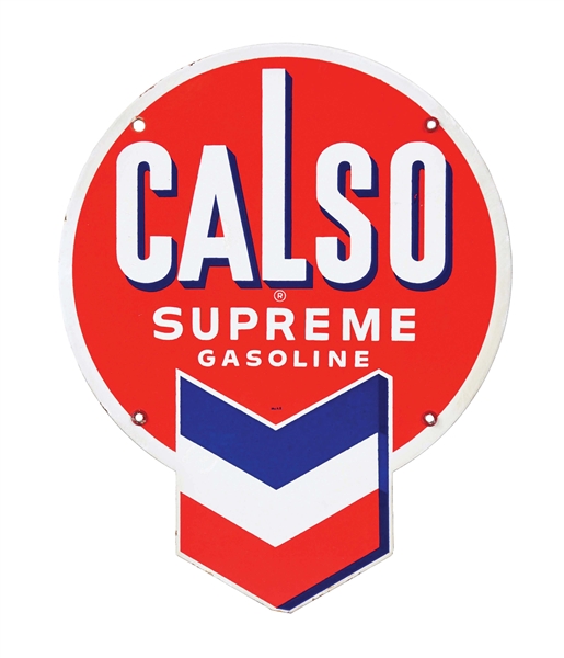 CALSO SUPREME GASOLINE PORCELAIN PUMP PLATE SIGN W/ CHEVRON GRAPHIC. 