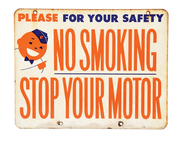 UNION 76 NO SMOKING STOP MOTOR PORCELAIN SERVICE STATION SIGN W/ SPEEDY GRAPHIC. 