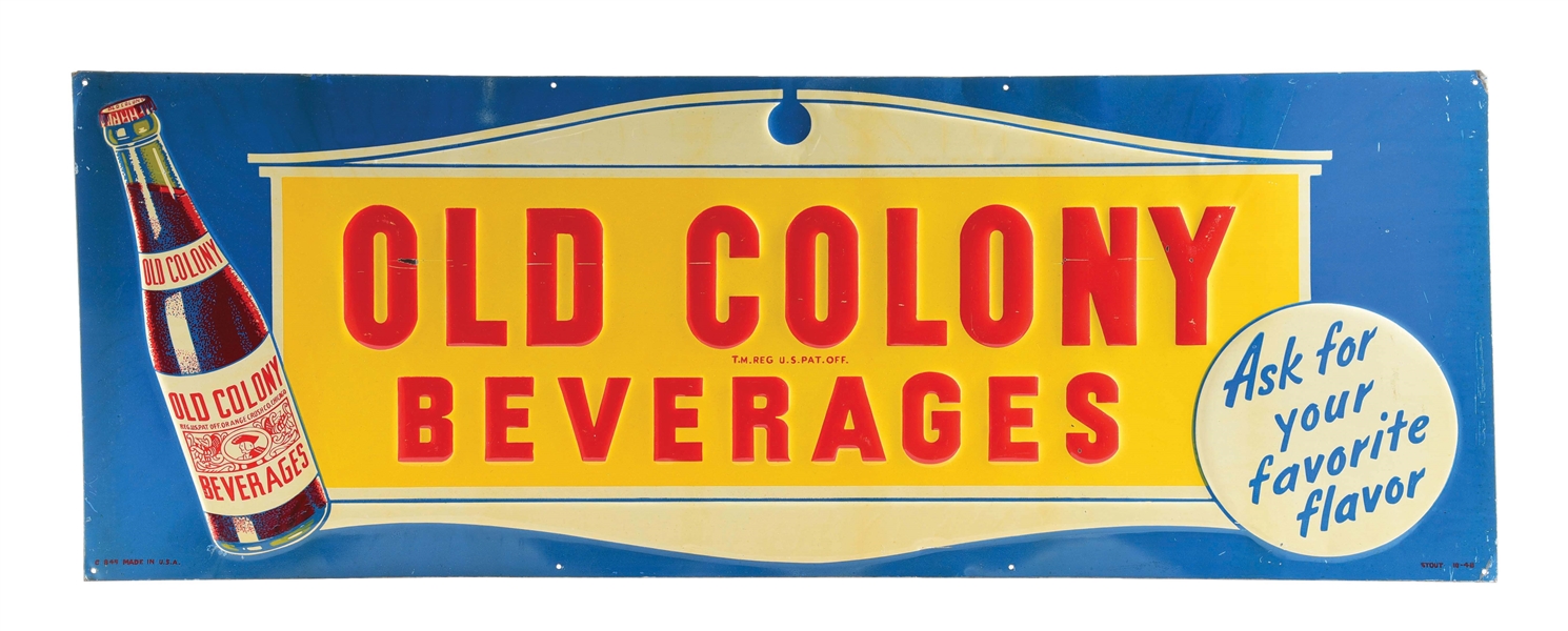 EMBOSSED ALUMINUM OLD COLONY BEVERAGES BOTTLE SIGN.