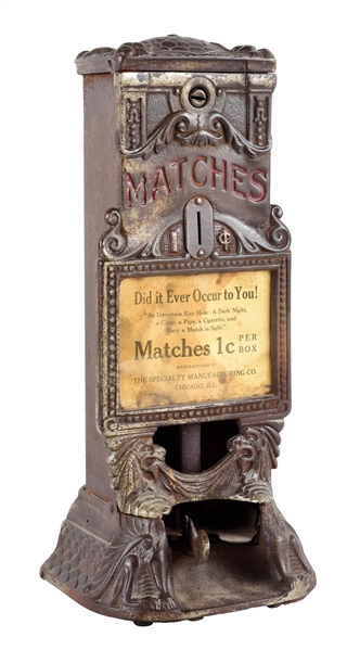 CAST IRON BOX MATCH VENDING MACHINE.