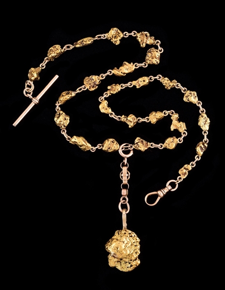 14K POCKET WATCH CHAIN W/NATURAL GOLD NUGGETS.