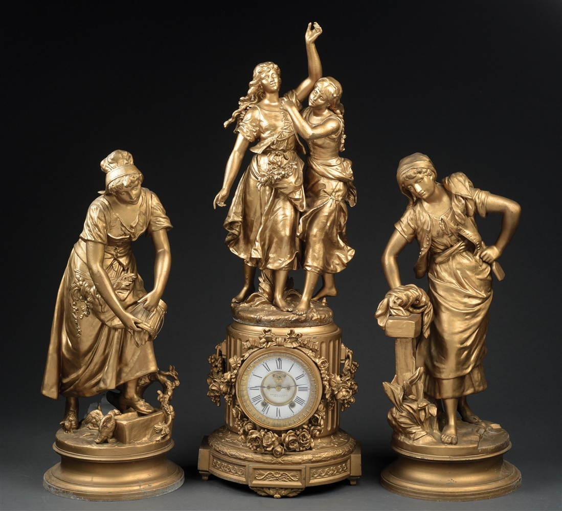 ANSONIA GILT SPELTER FIGURAL CLOCK SET WITH STATUES.