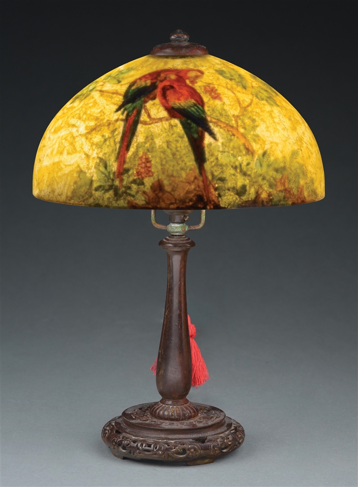 HANDEL REVERSE PAINTED BOUDOIR LAMP WITH PARROT