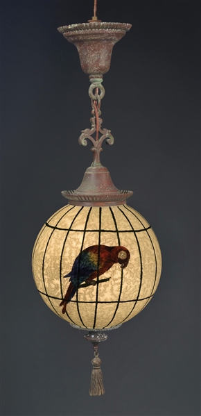 SET OF 3 HANDEL JUNGLE BIRD GLOBE PENDANT AND WALL LAMPS.