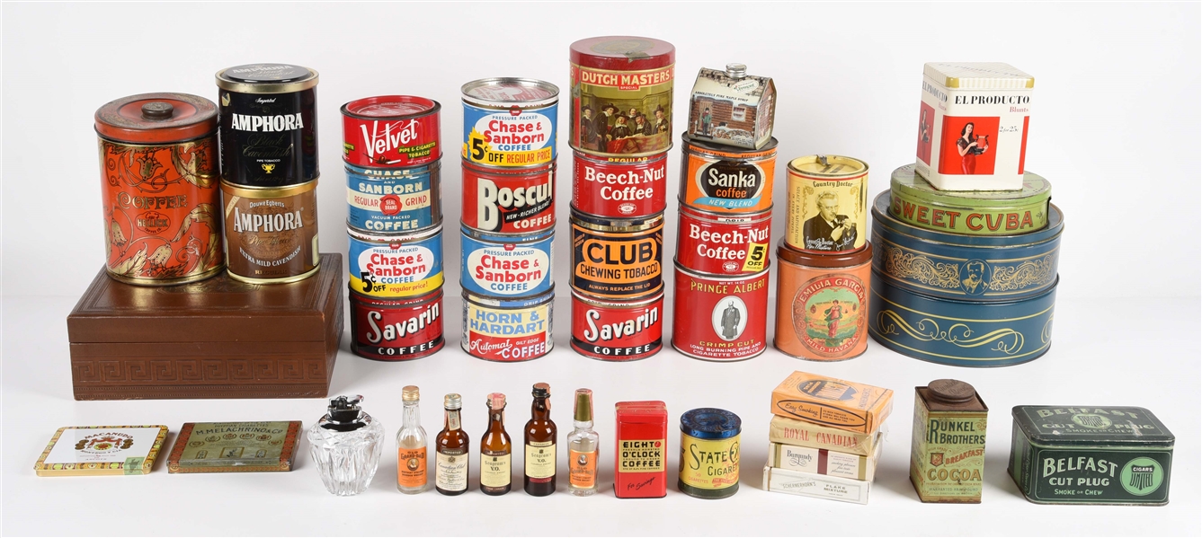 LARGE LOT OF: MIXED CIGARETTES AND COFFEE TINS.