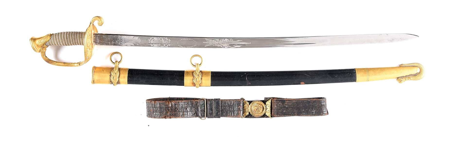 US CIVIL WAR AMES M1852 NAVAL OFFICERS SWORD WITH LEATHER NAVAL OFFICERS BELT AND BUCKLE OF COMMODORE STEPHEN DECATUR (1814-1876)
