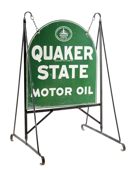 QUAKER STATE MOTOR OILS TIN TOMBSTONE SIGN IN METAL CURBSIDE STAND. 