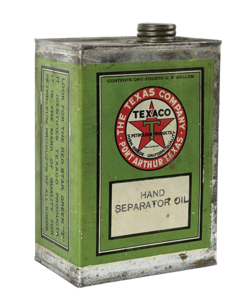 TEXACO HAND SEPARATOR OIL ONE QUART SQUARE GREEN CAN.