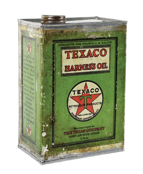 EARLY TEXACO HARNESS OIL ONE QUART GREEN SQUARE CAN.