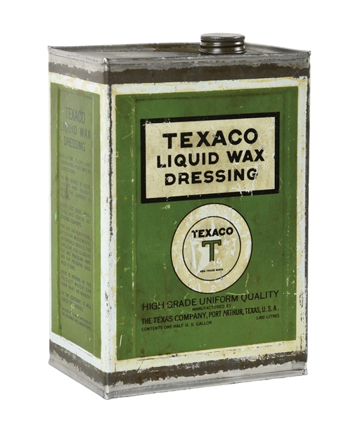 TEXACO LIQUID WAX DRESSING HALF GALLON SQUARE GREEN CAN.