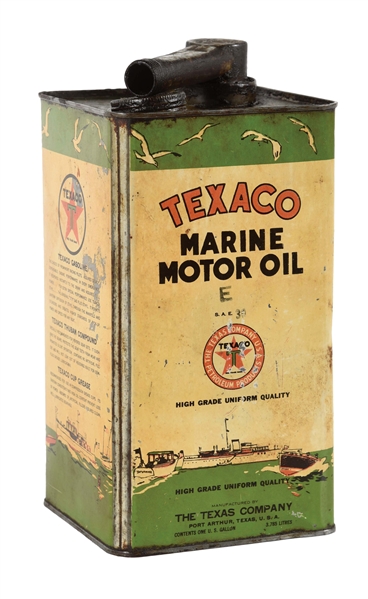 TEXACO MARINE MOTOR OIL CAN ONE GALLON SQUARE CAN W/ BOAT GRAPHICS. 