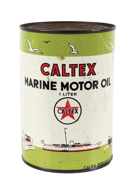RARE CALTEX MARINE MOTOR OIL ONE QUART CAN W/ BOATING SCENE GRAPHIC. 
