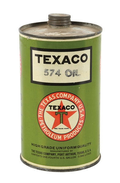 TEXACO 574 MOTOR OIL ONE QUART CAN W/ TWIST TOP LID. 