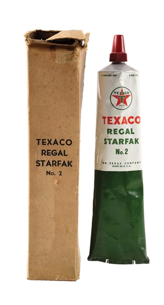 LOT OF 2: TEXACO REGAL STARFAK NO. 2 GREASE TUBES W/ ONE ORIGINAL BOX. 