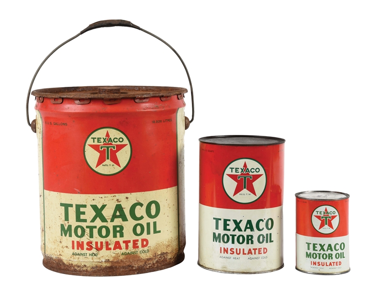 LOT OF 3: TEXACO INSULATED MOTOR OILS QUART, FIVE QUART & FIVE GALLON CAN. 