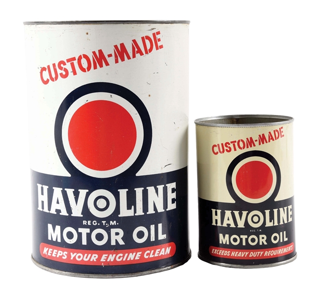 LOT OF 2: HAVOLINE CUSTOM-MADE MOTOR OIL ONE & FIVE QUART CANS. 
