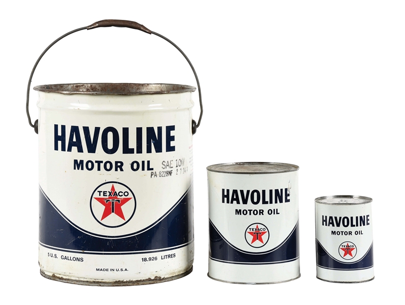 LOT OF 3: HAVOLINE MOTOR OIL QUART, GALLON & FIVE GALLON CANS.