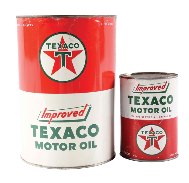 LOT OF 2: TEXACO IMPROVED MOTOR OIL ONE & FIVE QUART CANS.