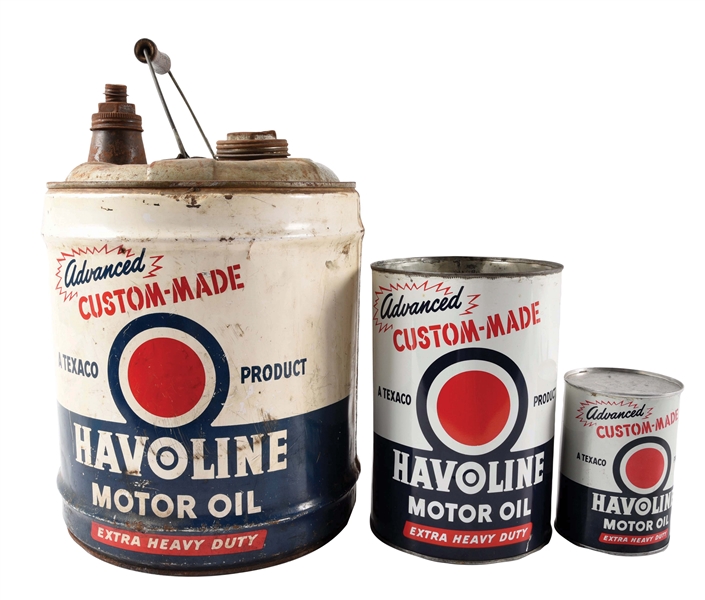 LOT OF 3: TEXACO HAVOLINE ADVANCED CUSTOM MADE MOTOR OIL ONE QUART, FIVE QUART & FIVE GALLON CANS. 