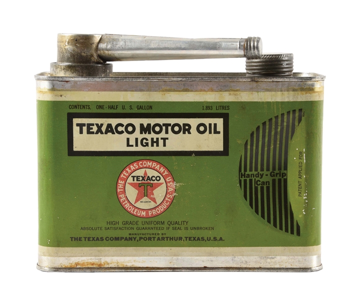TEXACO MOTOR OIL LIGHT HALF GALLON SQUATTY CAN W/ HANDY-GRIP. 