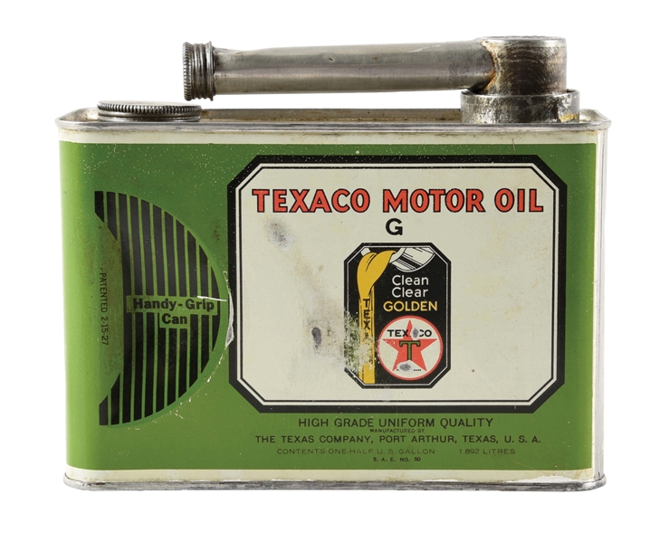 TEXACO MOTOR OIL "G" HALF GALLON CAN W/ HANDY-GRIP. 