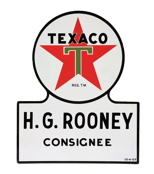 TEXACO H.G. ROONEY CONSIGNEE KEYHOLE PORCELAIN SIGN.