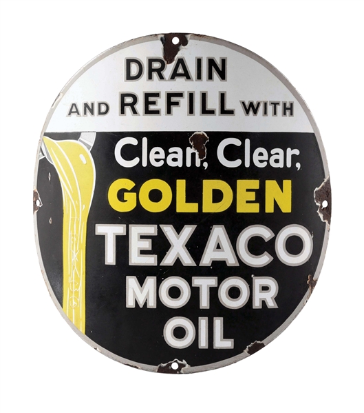 TEXACO CLEAN CLEAR & GOLDEN MOTOR OIL CURVED PORCELAIN SIGN W/ OIL GRAPHIC. 