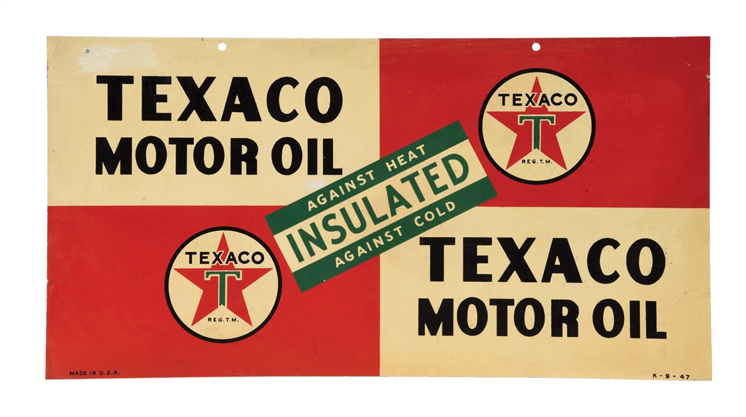 TEXACO INSULATED MOTOR OIL TIN RACK SIGN.
