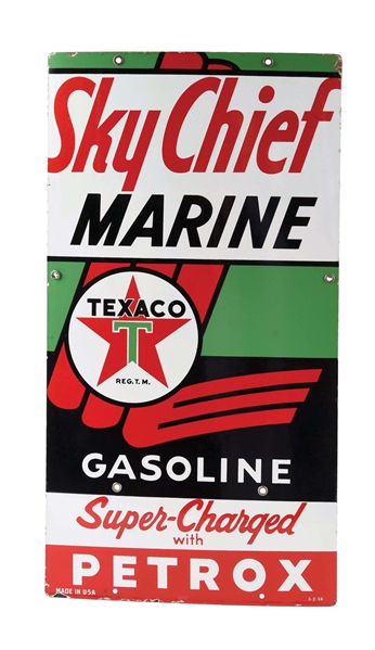 TEXACO SKY CHIEF MARINE GASOLINE PORCELAIN PUMP PLATE SIGN.