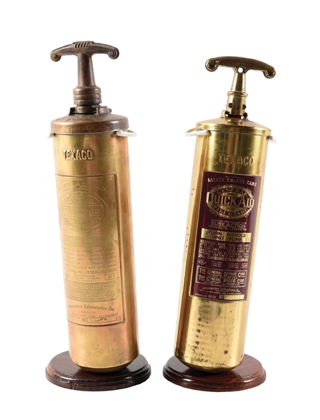 LOT OF 2: TEXACO QUICK AID FIRE GUARD BRASS EXTINGUISHERS. 