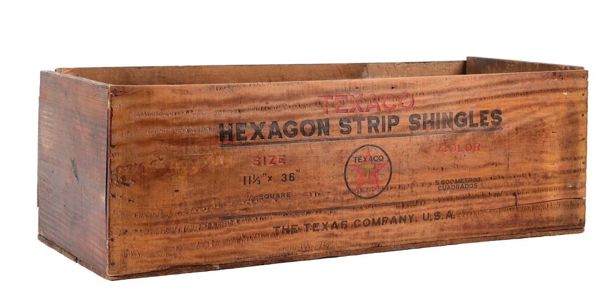 TEXACO HEXAGON STRIP SHINGLES WOODEN SHIPPING CRATE.