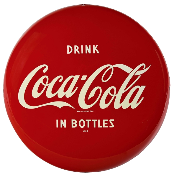 BEAUTIFUL 1950’S DRINK COCA-COLA IN BOTTLES 12” TIN BUTTON.